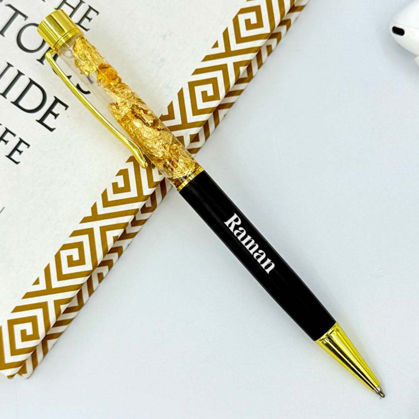 Personalized Pen Transparent Filled With Golden Foil Flakes
