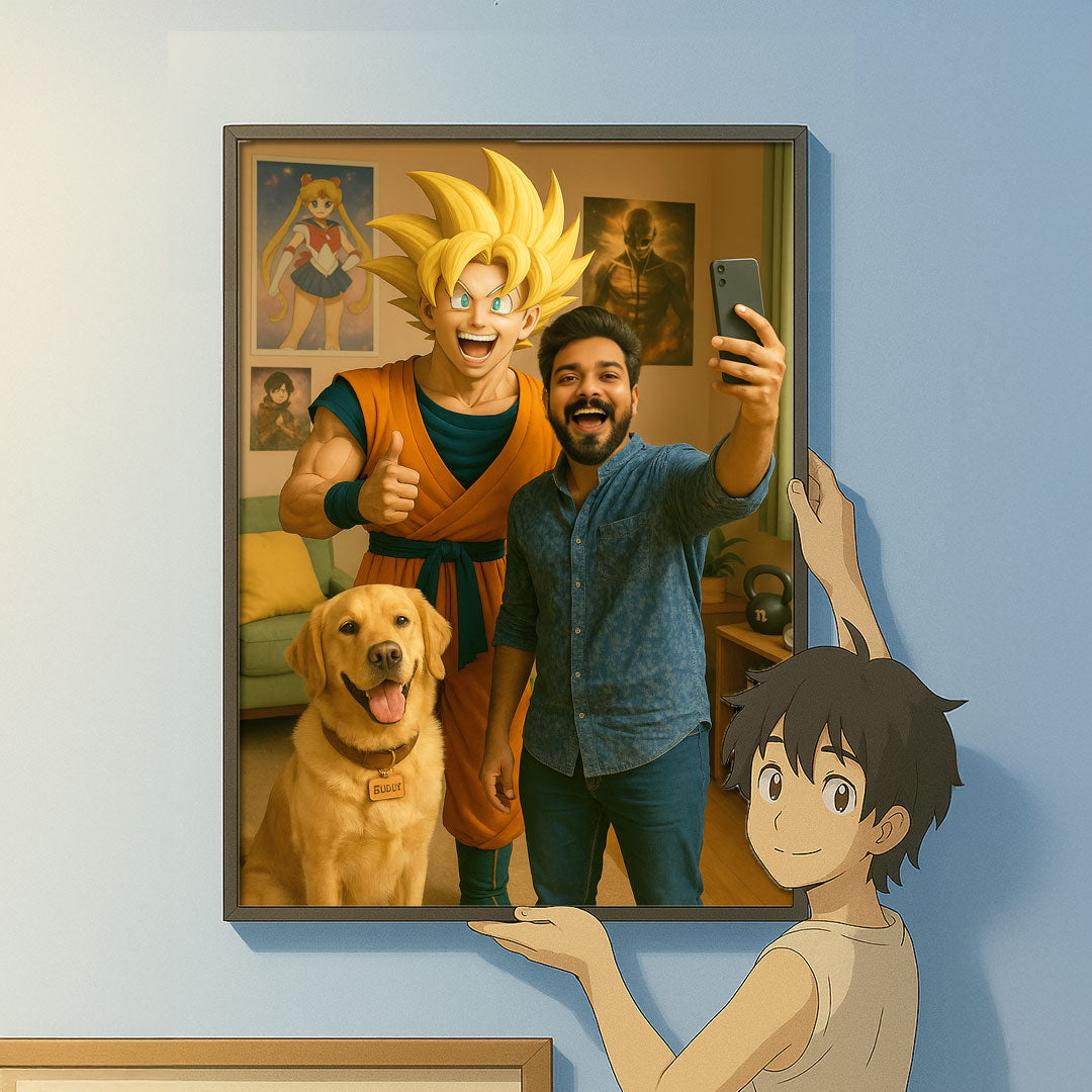 Custom Goku Selfie Wall Art with Wooden Frame | Love Craft Gifts