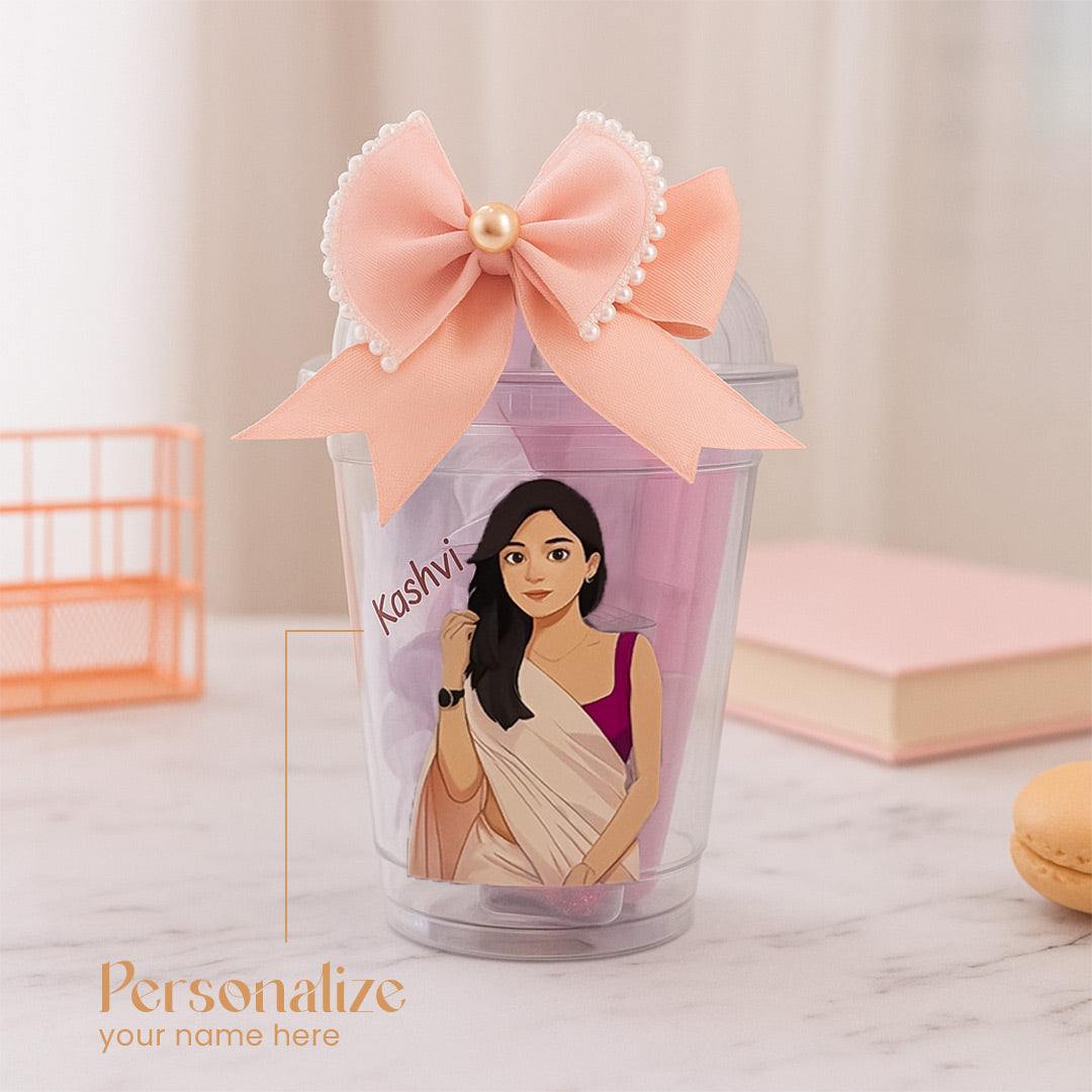 Kawaii Personalized Makeup & Accessory Cup – Custom Name Beauty Kit (Saree Edition) | Love Craft Gifts