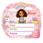 Personalized Rainbow Unicorn Girl Theme Kids Name Slips (2x3 Inch, 28 Stickers) – Custom Name & Photo School Labels | Love Craft Gifts