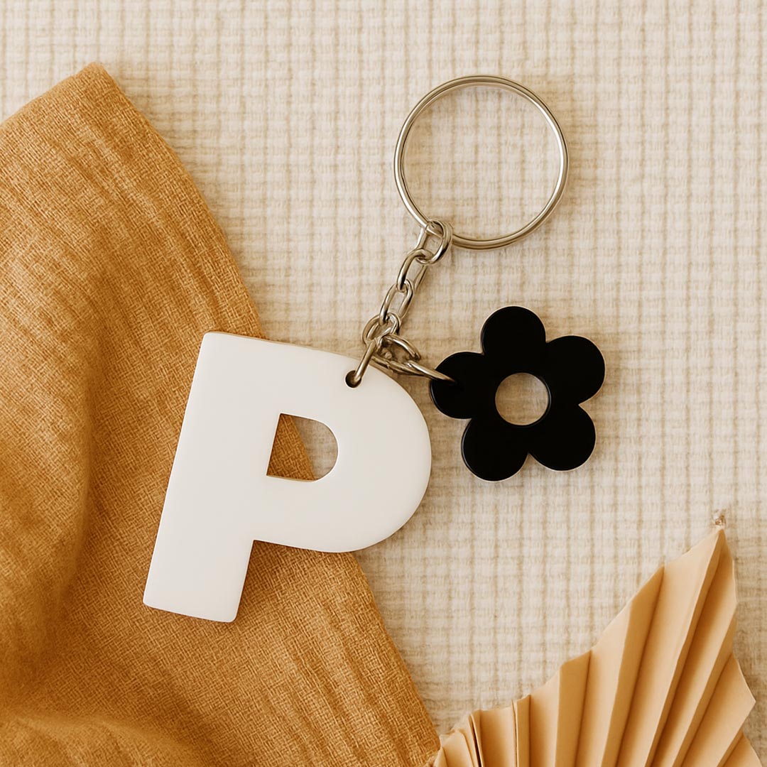 Personalized Flower Ring Acrylic Keychain – White Initial | Love Craft Gifts