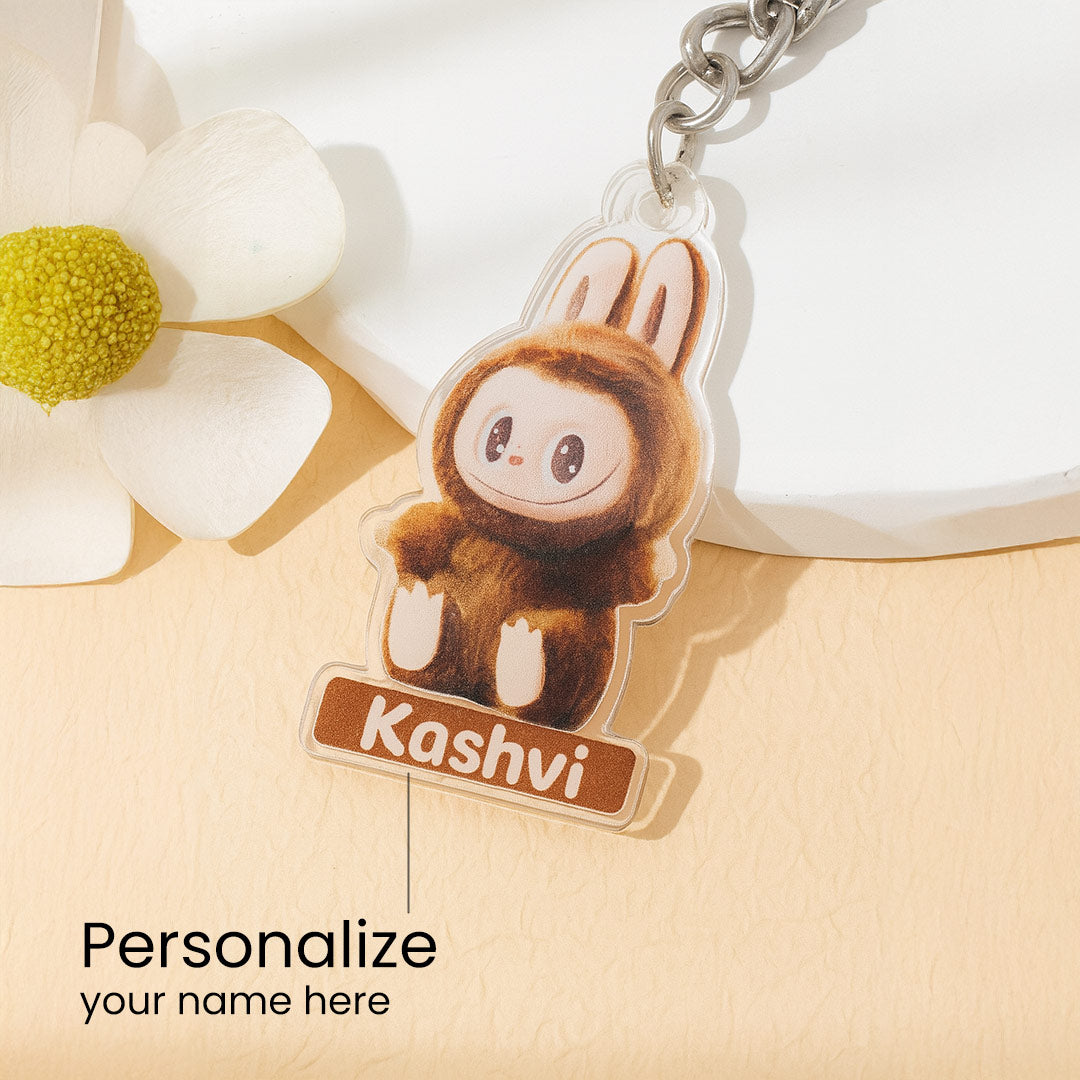 Brown Fuzzy Bunny Keychain – Custom Name Acrylic Charm | Love Craft Gifts