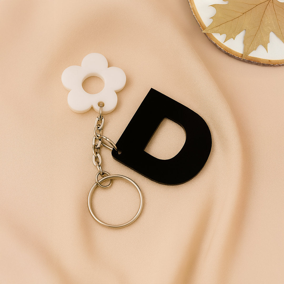 Personalized Flower Ring Acrylic Keychain – Black Initial | Love Craft Gifts