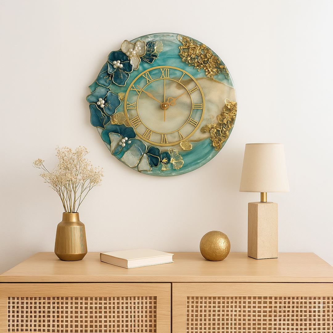 Handcrafted Luxury Resin Wall Clock – Floral Design with Metallic Accents | Home Decor by Love Craft