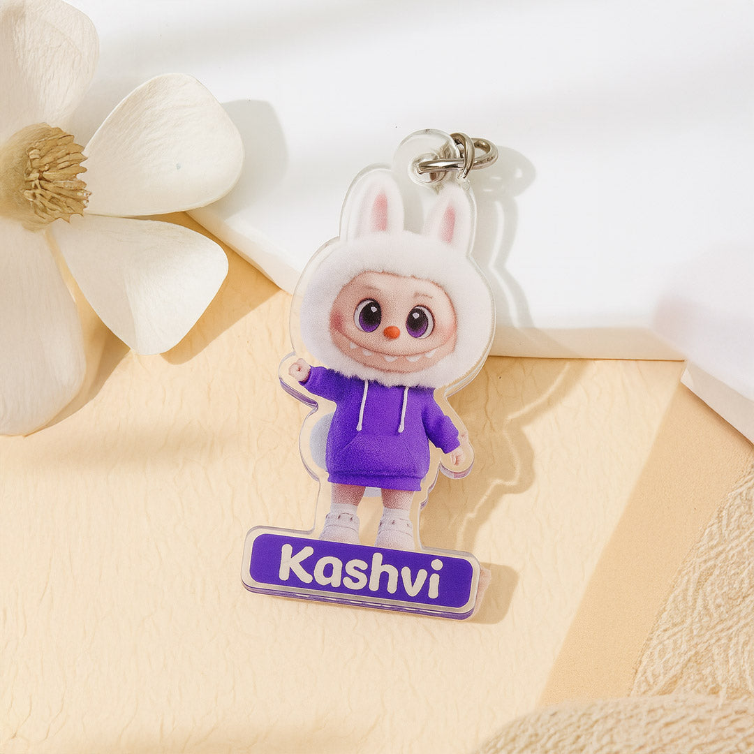 Personalized Bunny Hoodie Character Keychain – Custom Name Acrylic Charm | Love Craft Gifts