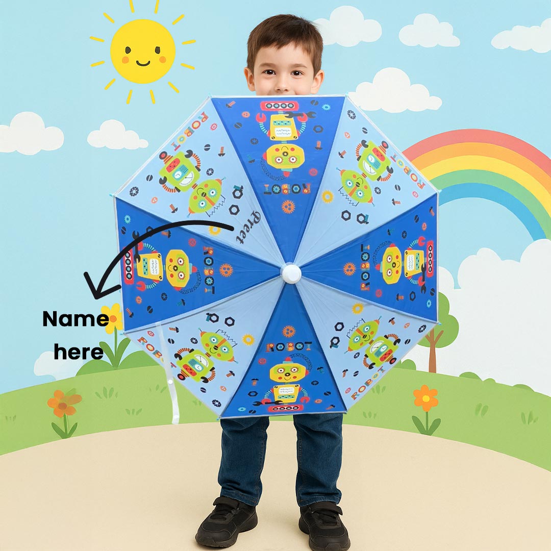 Custom Robot-Themed Kids Umbrella with Name Print – Blue | Love Craft Gifts