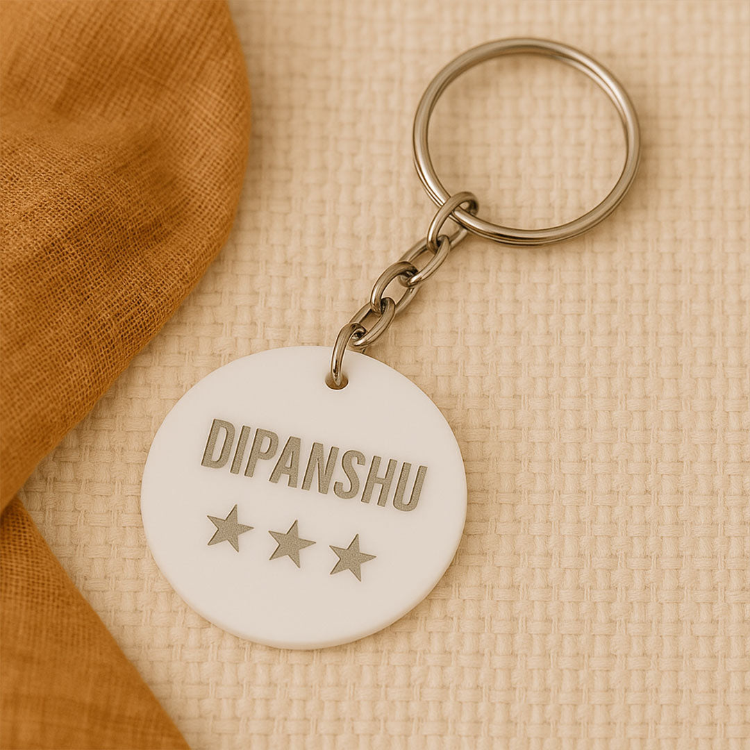 Personalized Round White Acrylic Keychain with Name & Star Engraving | Love Craft Gifts