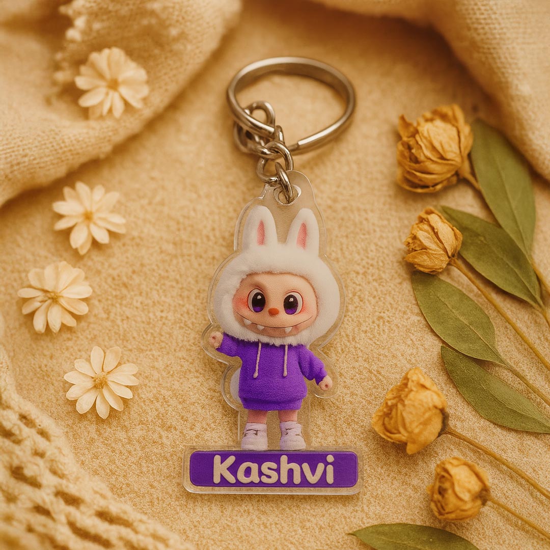 Personalized Bunny Hoodie Character Keychain – Custom Name Acrylic Charm | Love Craft Gifts