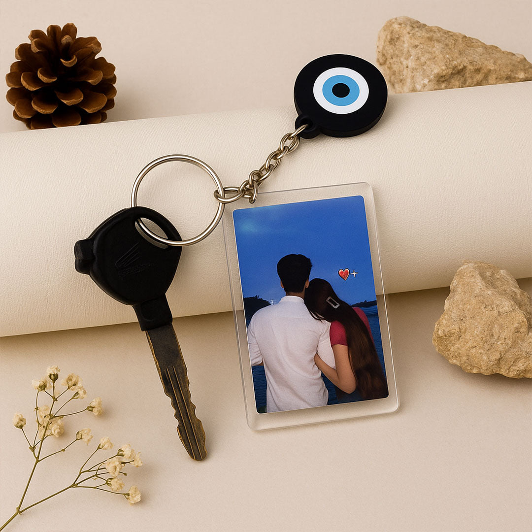 Personalized Evil Eye Keychain with Photo & Message | Love Craft Gifts