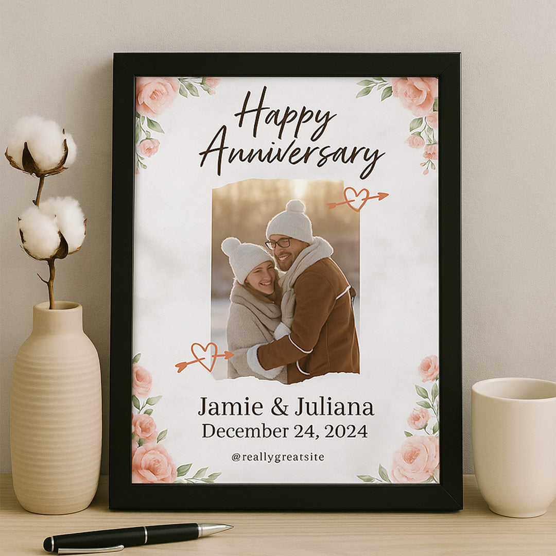 Floral Personalized Anniversary Frame with Photo & Names – Romantic Wall Decor | Love Craft Gifts
