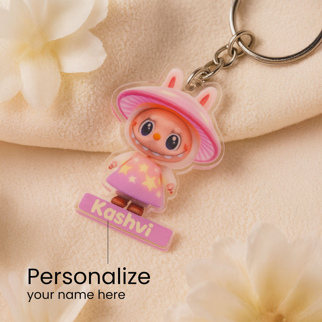 Starry Pink Hat Bunny Keychain – Custom Name Acrylic Charm | Love Craft Gifts