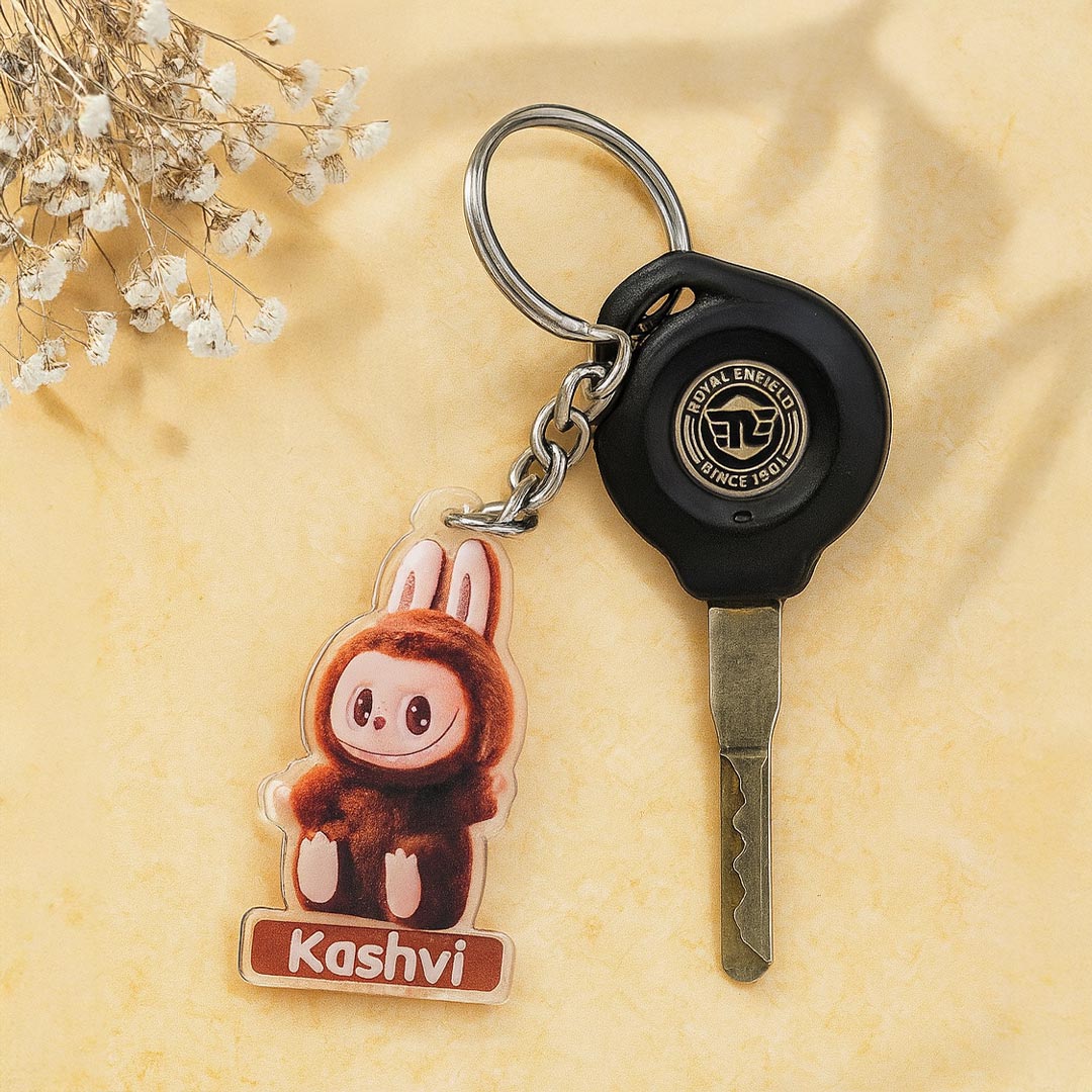 Brown Fuzzy Bunny Keychain – Custom Name Acrylic Charm | Love Craft Gifts