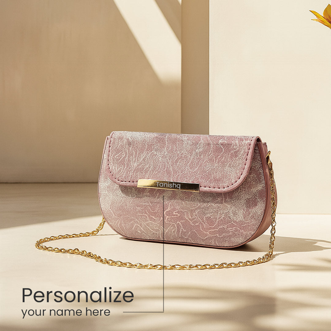 Rose Pink Personalized Sling Bag with Golden Name Tag | Love Craft Gifts