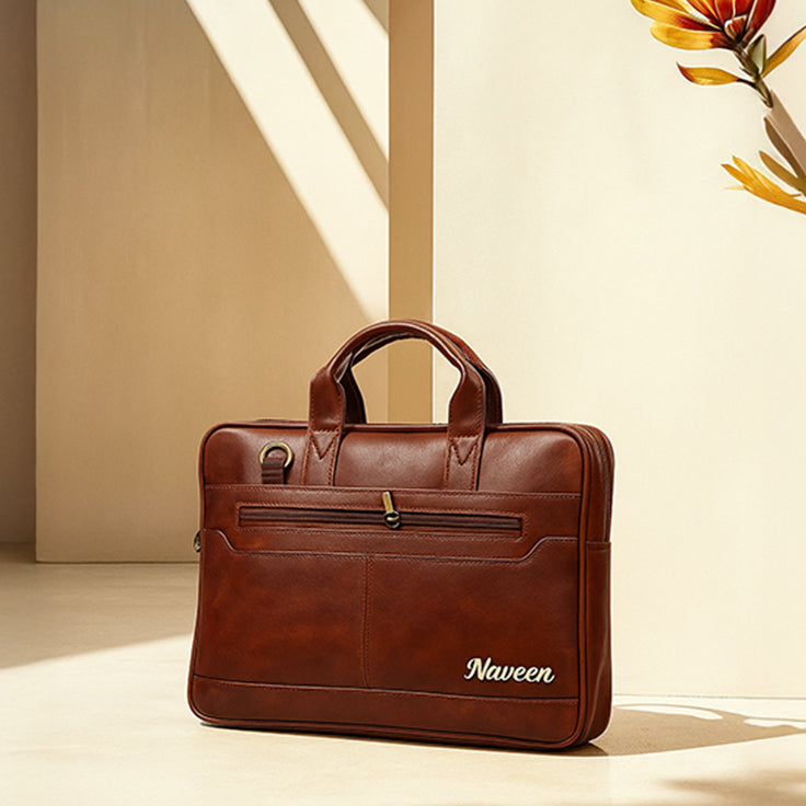 Personalized Brown Leather Office Laptop Bag – Custom Name Print | Love Craft Gifts