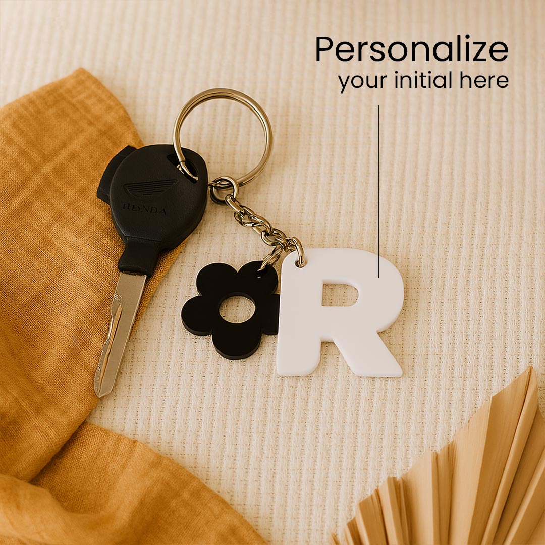 Personalized Flower Ring Acrylic Keychain – White Initial | Love Craft Gifts
