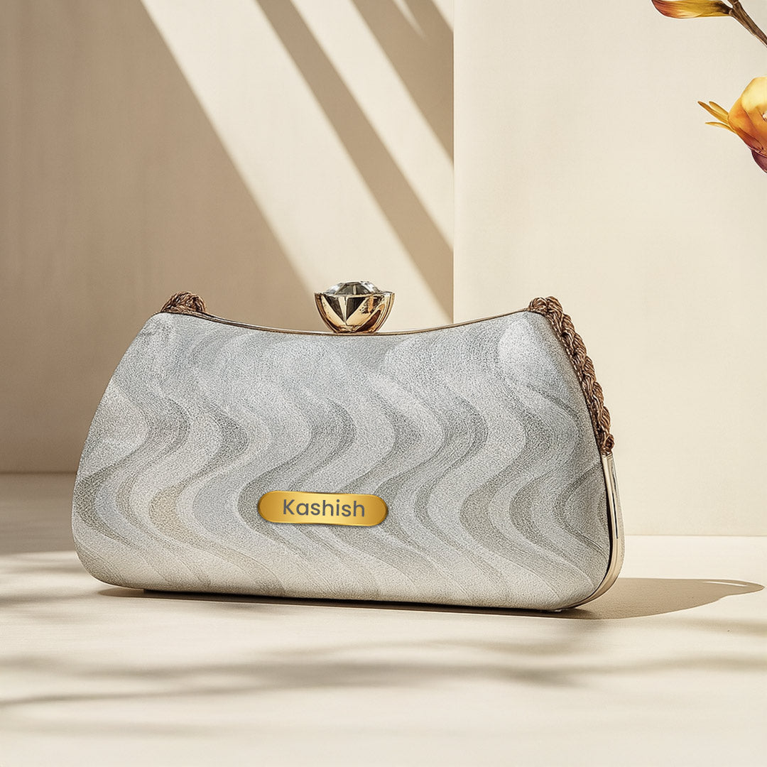 Elegant Personalized Silver Party Clutch with Golden Chain | Love Craft Gifts