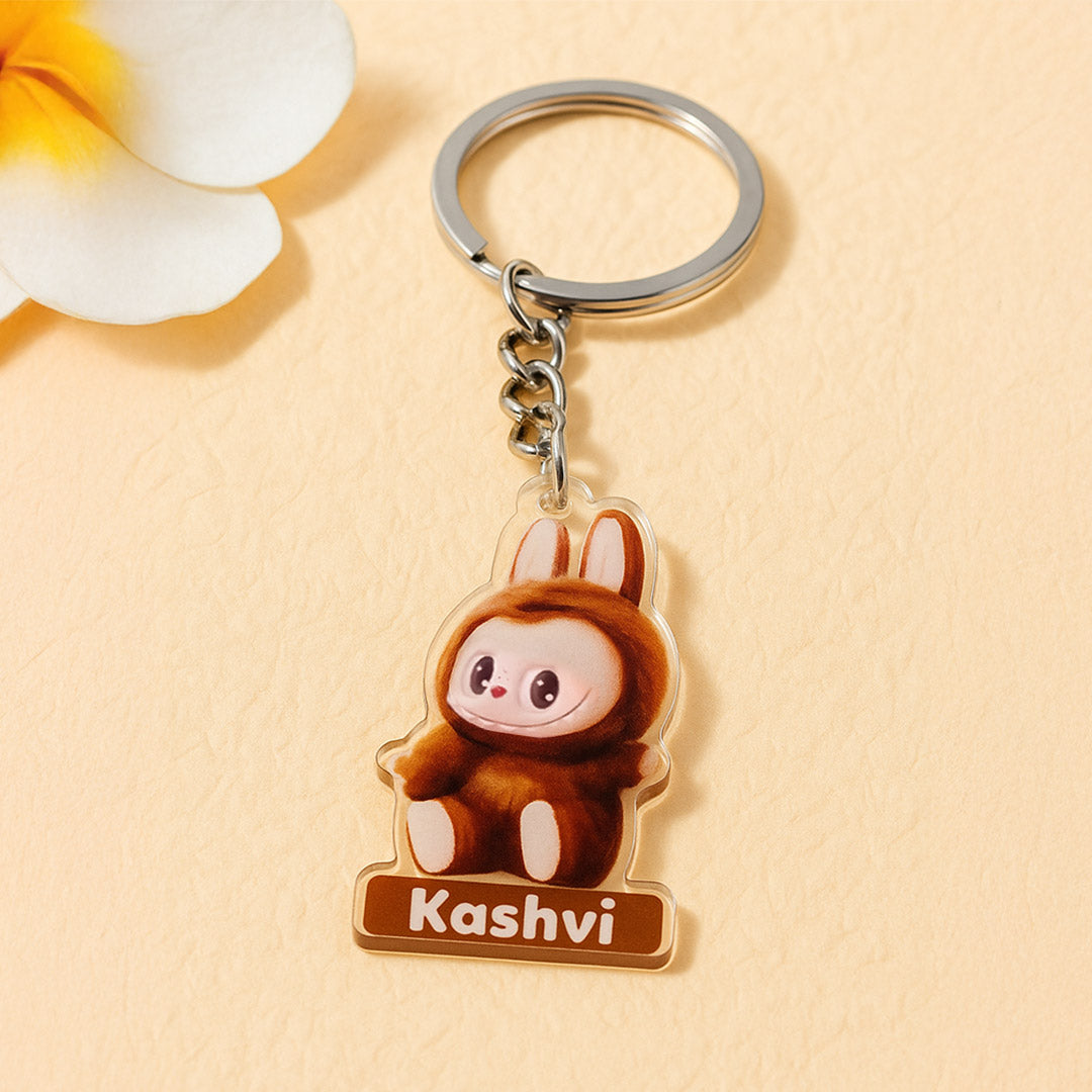 Brown Fuzzy Bunny Keychain – Custom Name Acrylic Charm | Love Craft Gifts