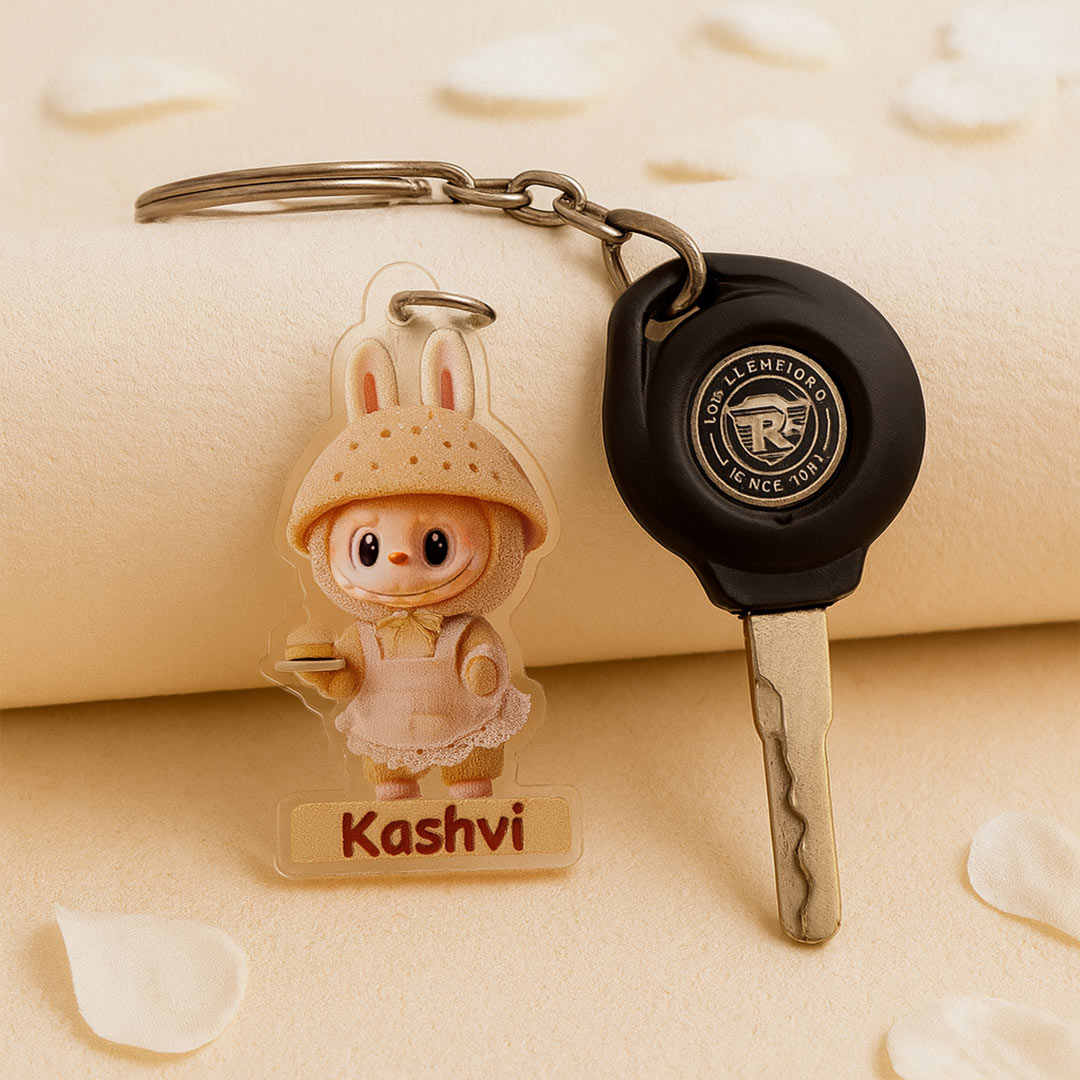 Cream Bunny Dress Keychain – Personalized Acrylic Name Charm | Love Craft Gifts