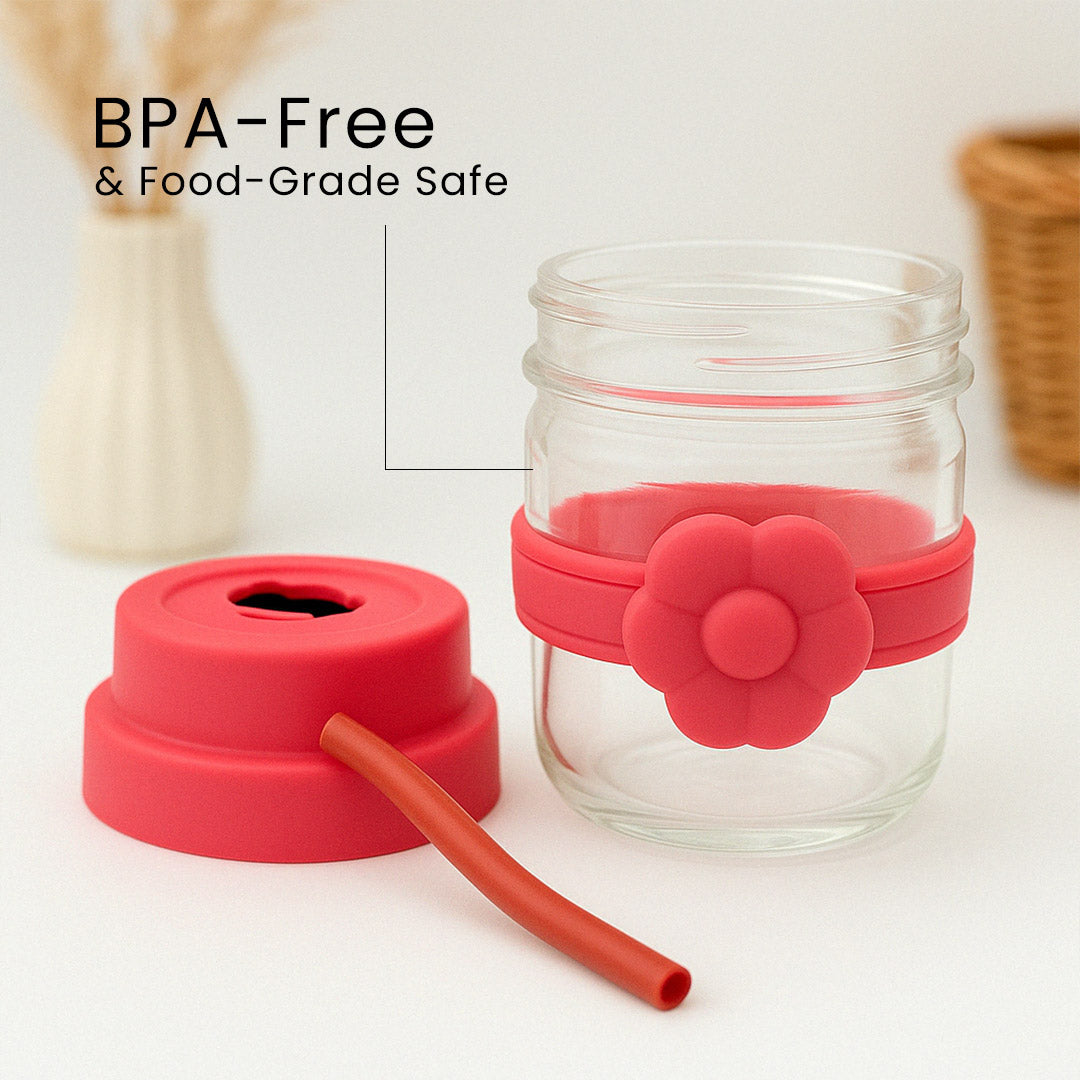Flower Design Glass Jar with Detachable Lid & Straw| Love Craft Gifts
