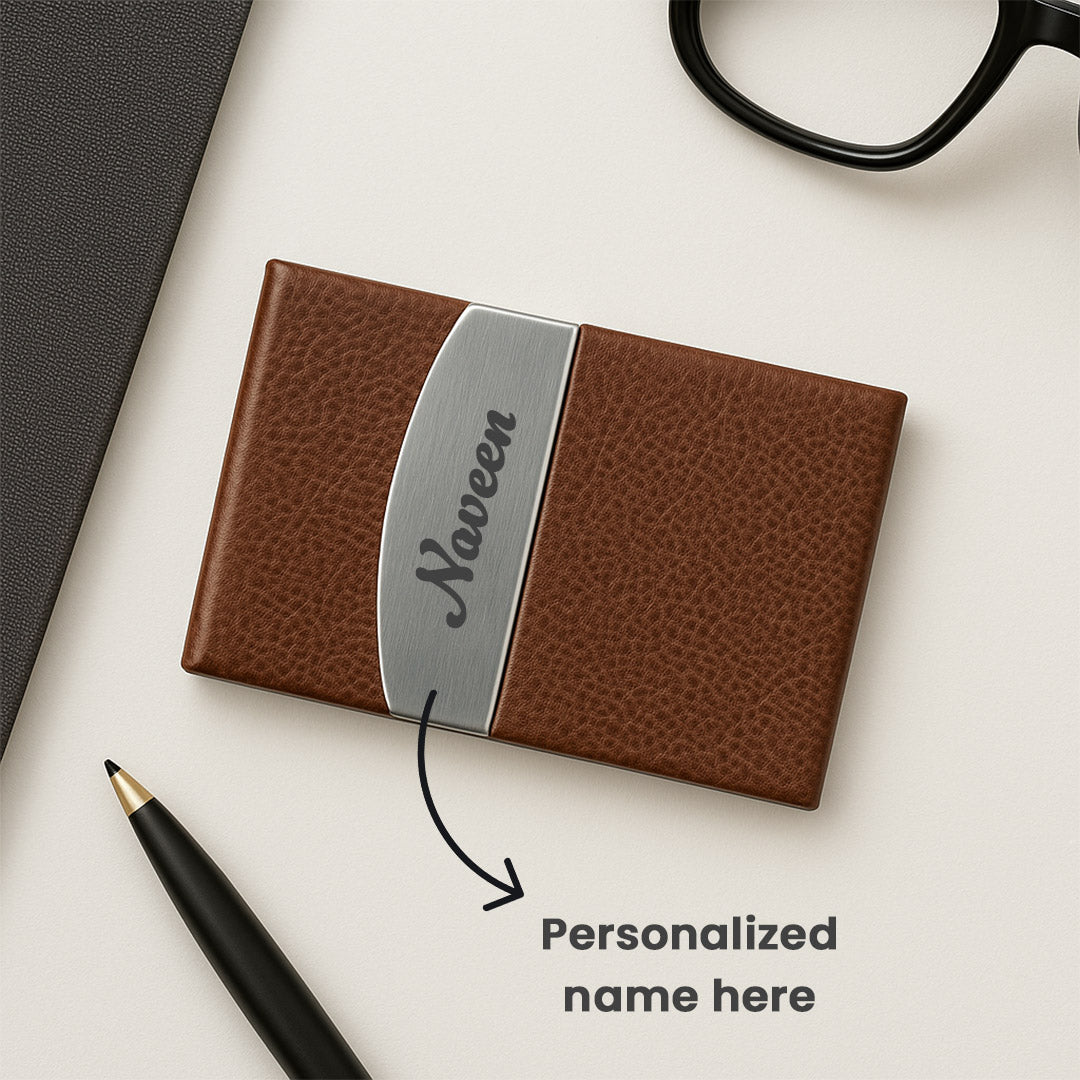 Personalized Leatherette Business Card Holder – Custom Name Metal Finish| Love Craft Gifts