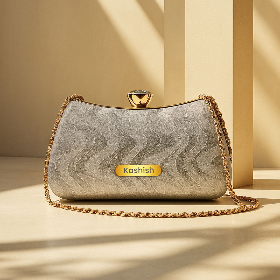 Elegant Personalized Silver Party Clutch with Golden Chain | Love Craft Gifts