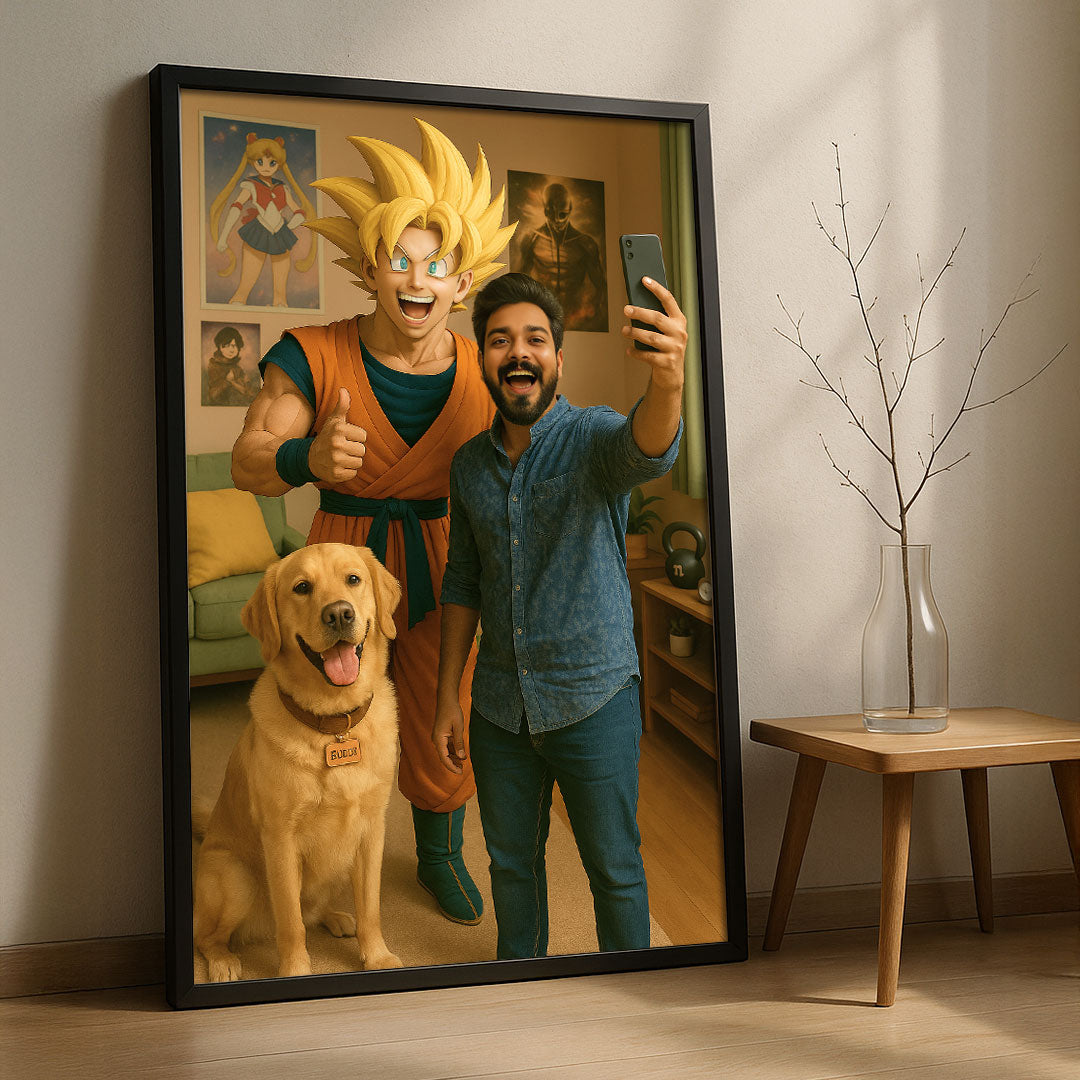 Custom Goku Selfie Wall Art with Wooden Frame | Love Craft Gifts