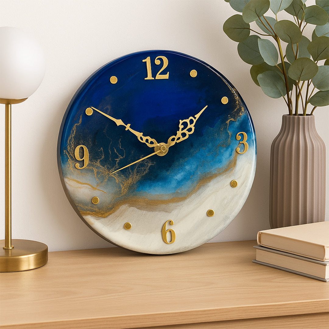 Blue & Gold Resin Wall Clock – Ocean Marble Finish | Love Craft Gifts