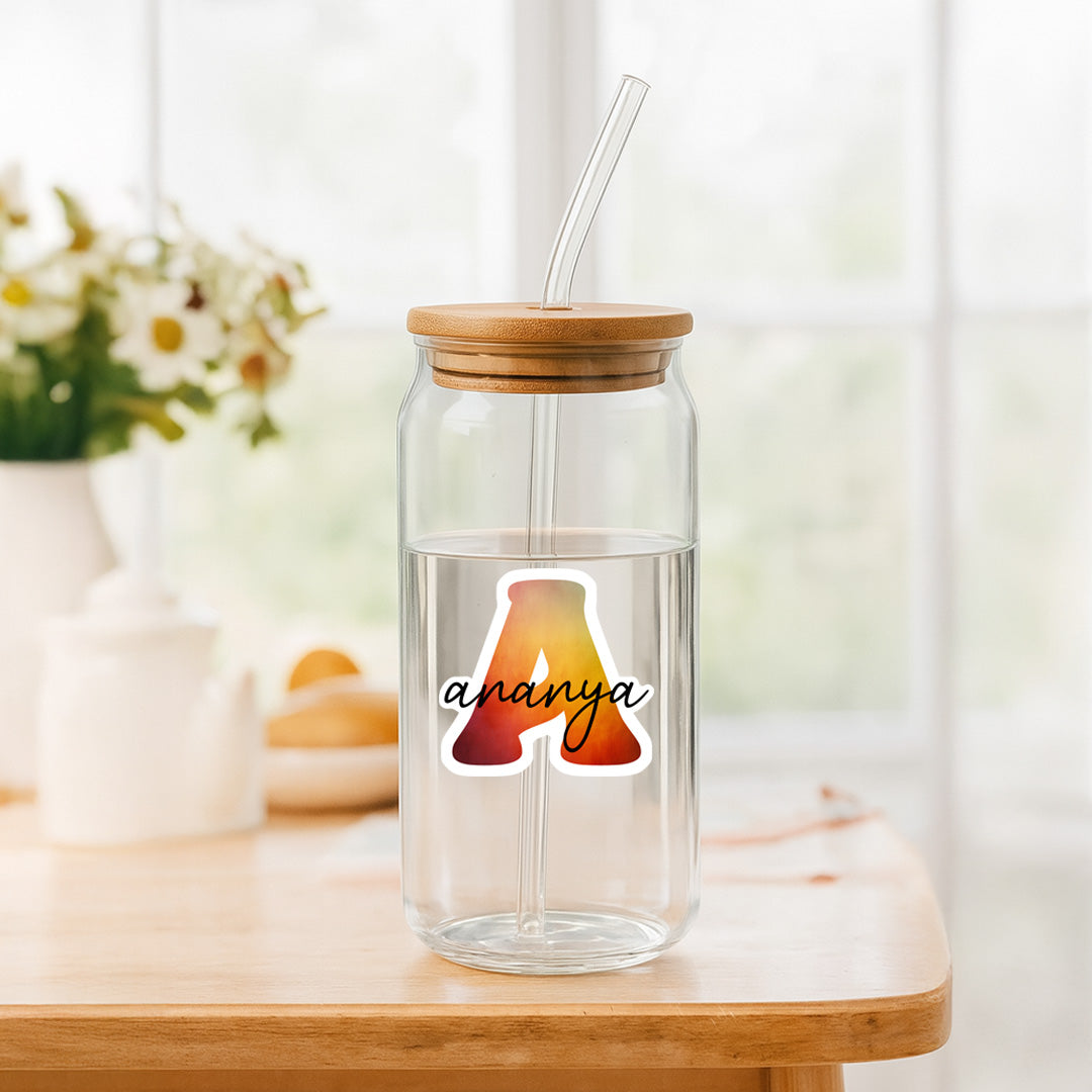 Custom Glass Tumbler with Straw & Bamboo Lid | Personalized with Name & Initial | Love Craft Gifts