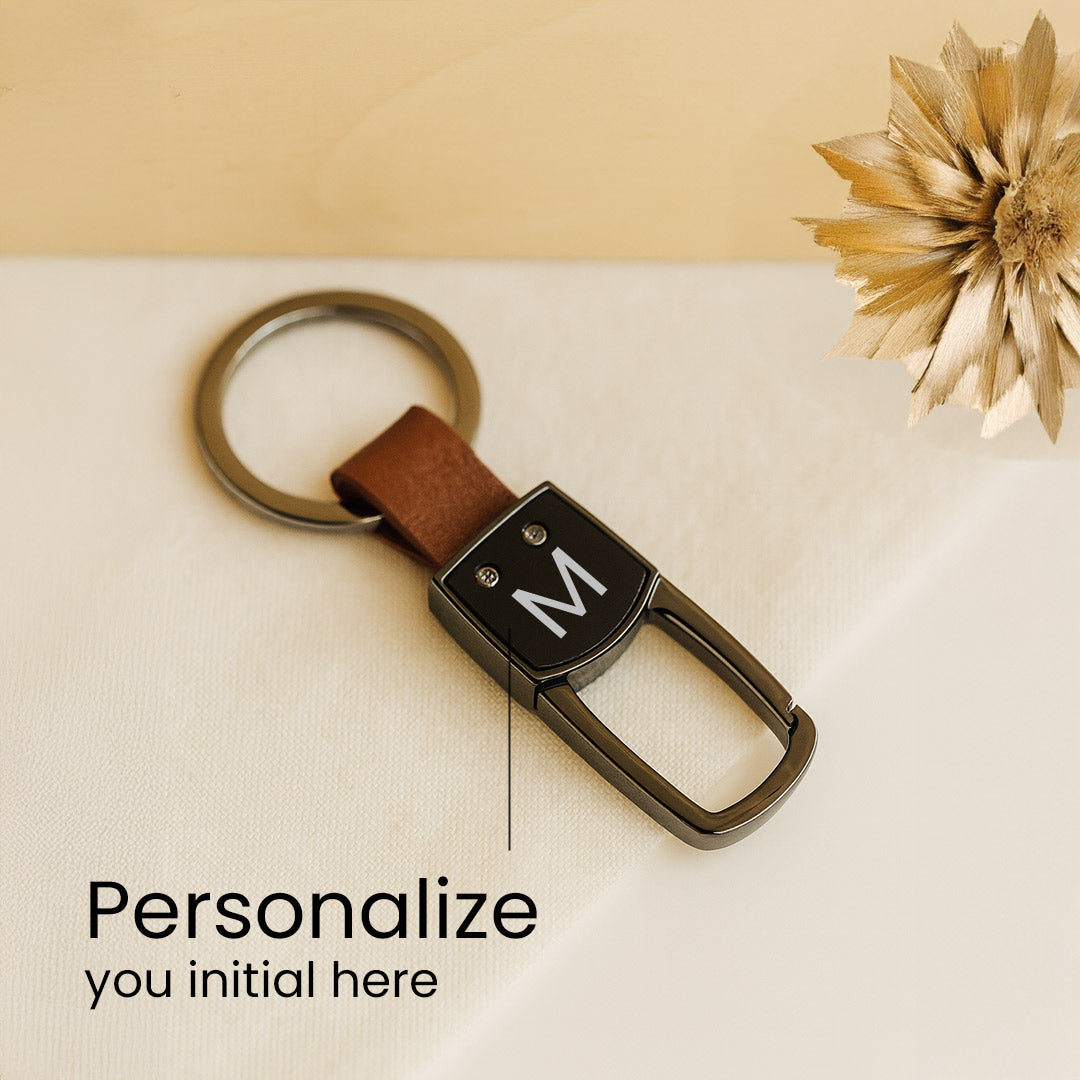 Premium Black Metal Personalized Keychain with Leather Loop – Initial or Logo Design | Love Craft Gifts