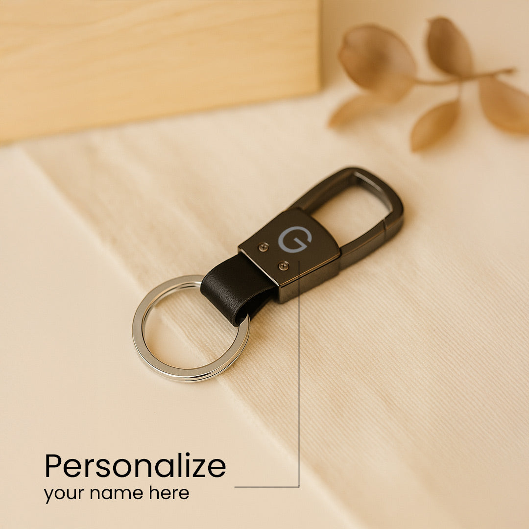 Premium Personalized Black Metal Keychain with Leather Loop | Love Craft Gifts
