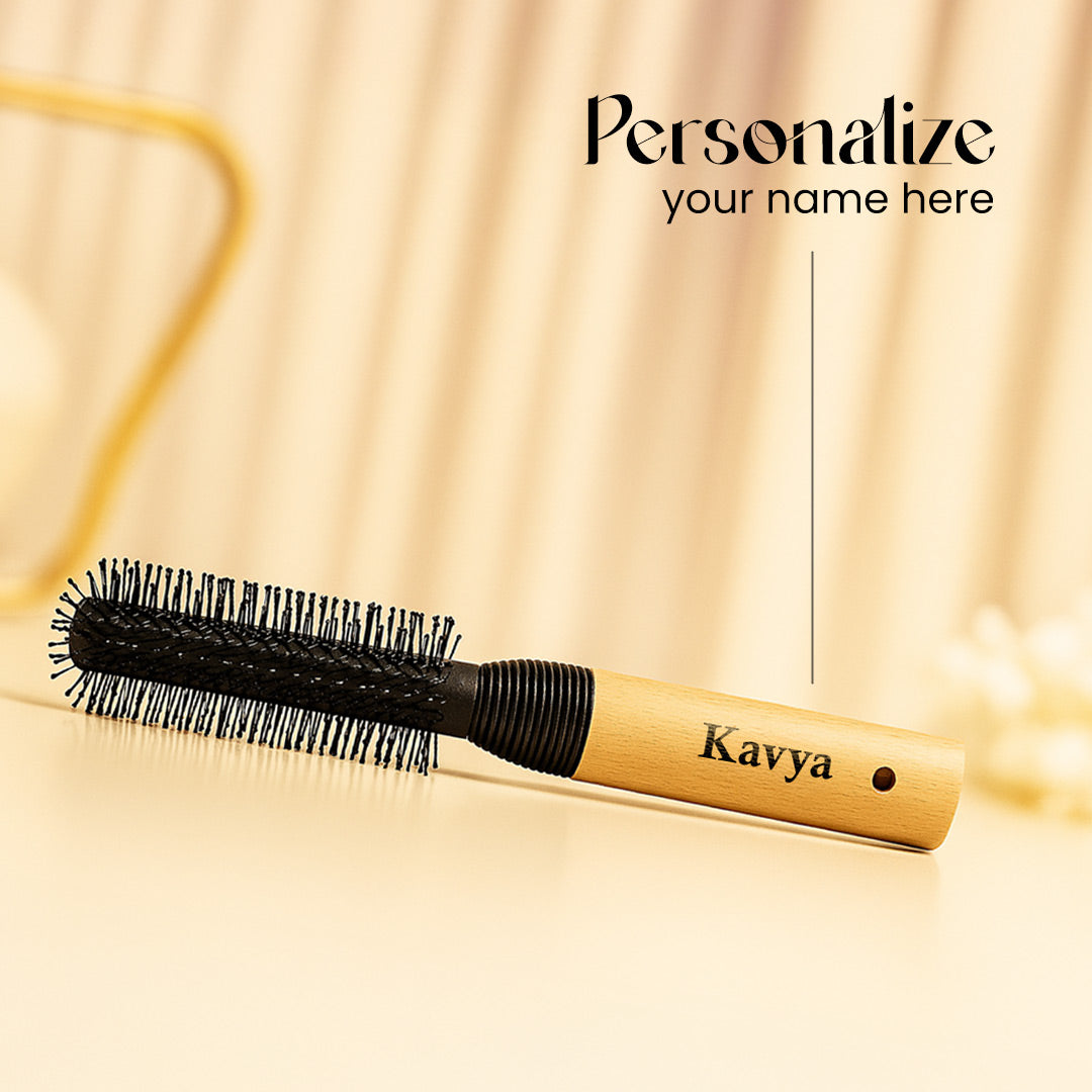 VEGA Personalized Wooden Round Hair Brush – Name Engraved | Smoothening + Volume Styling | Love Craft Gifts