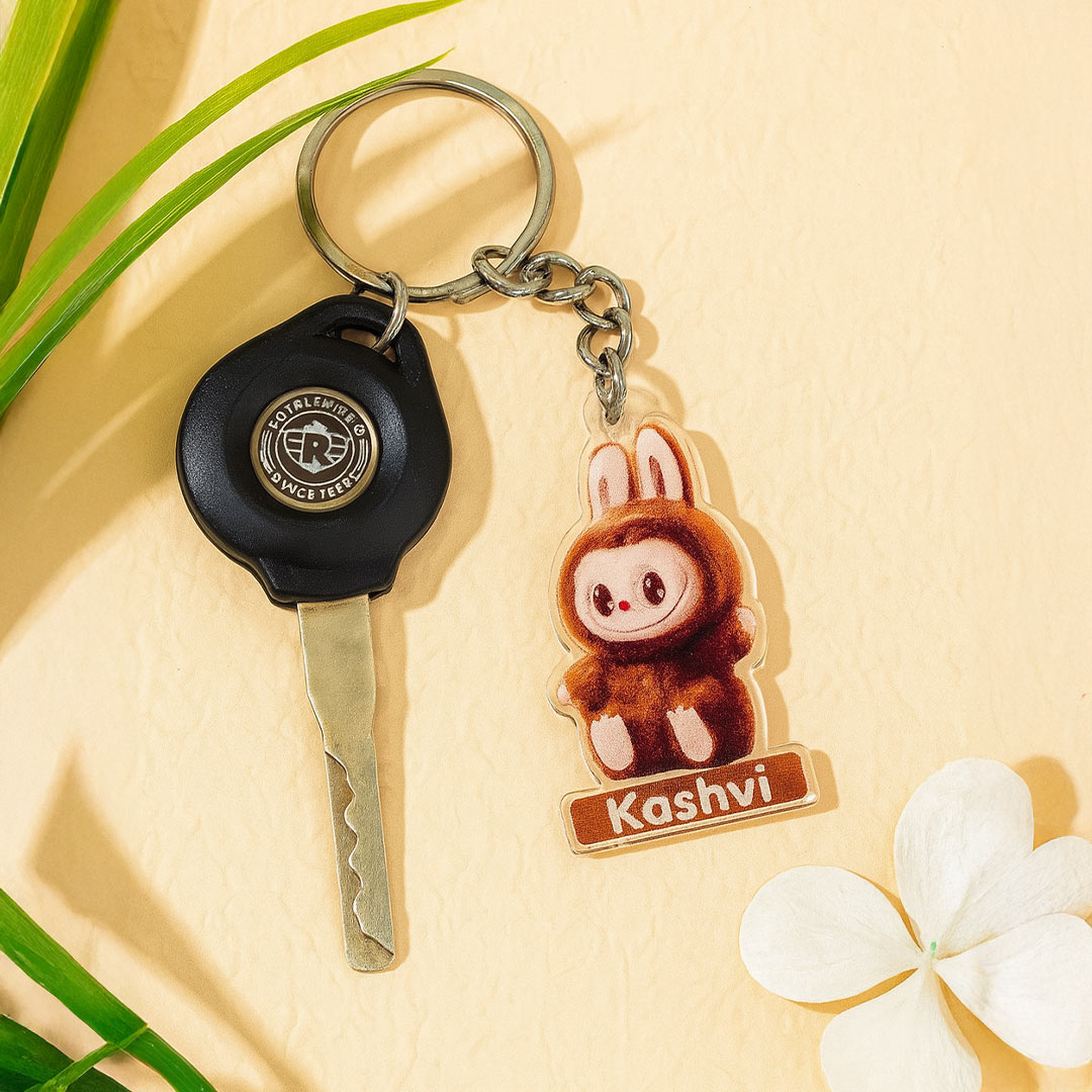 Brown Fuzzy Bunny Keychain – Custom Name Acrylic Charm | Love Craft Gifts