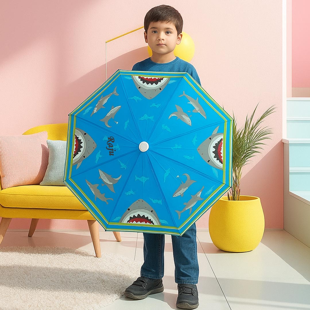 Shark Print Personalized Kids Umbrella – Custom Name Rain Gear | Love Craft Gifts