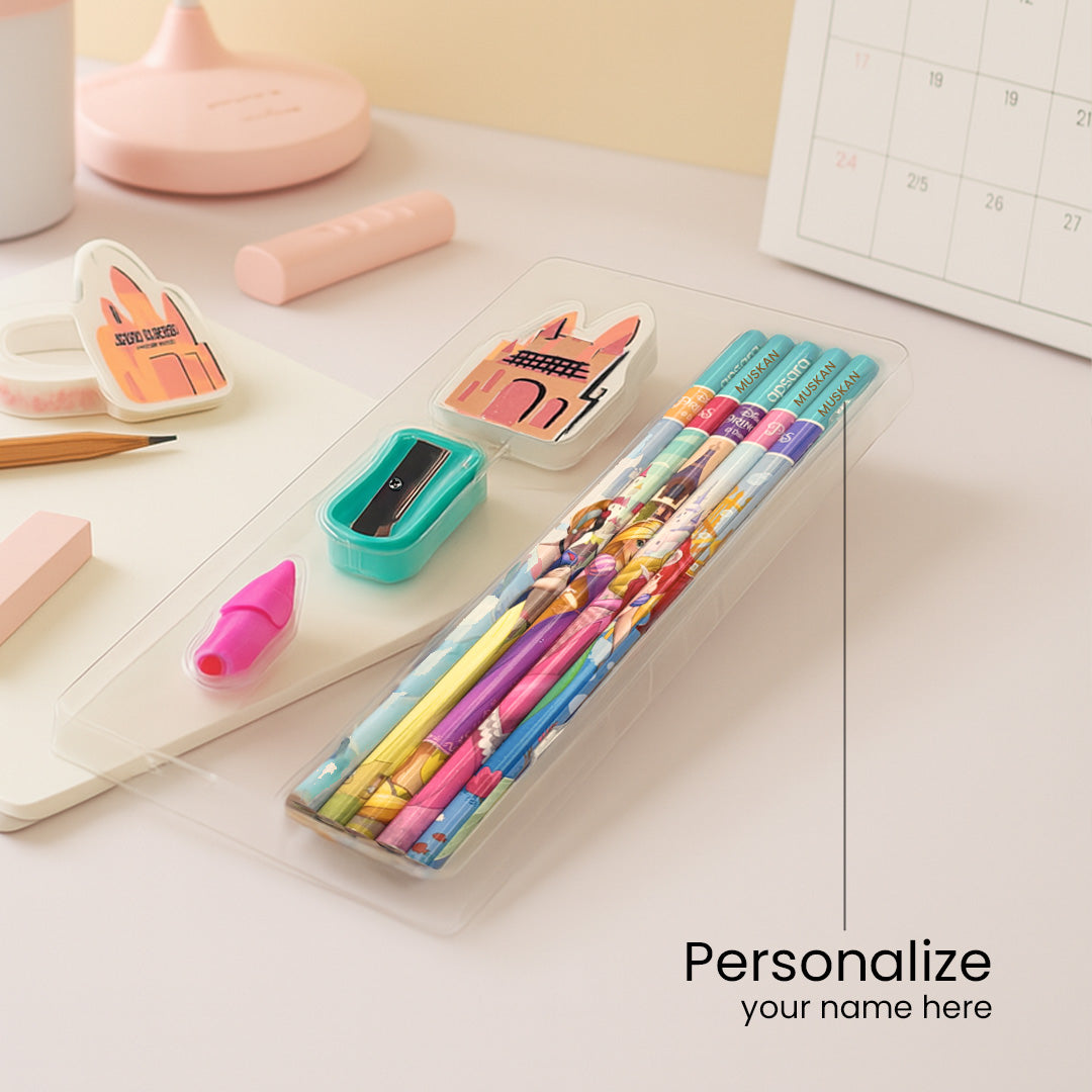 Apsara Disney Princess Personalized Stationery Set – Name Printed Pencils (10 Pcs + Accessories) | Love Craft gifts