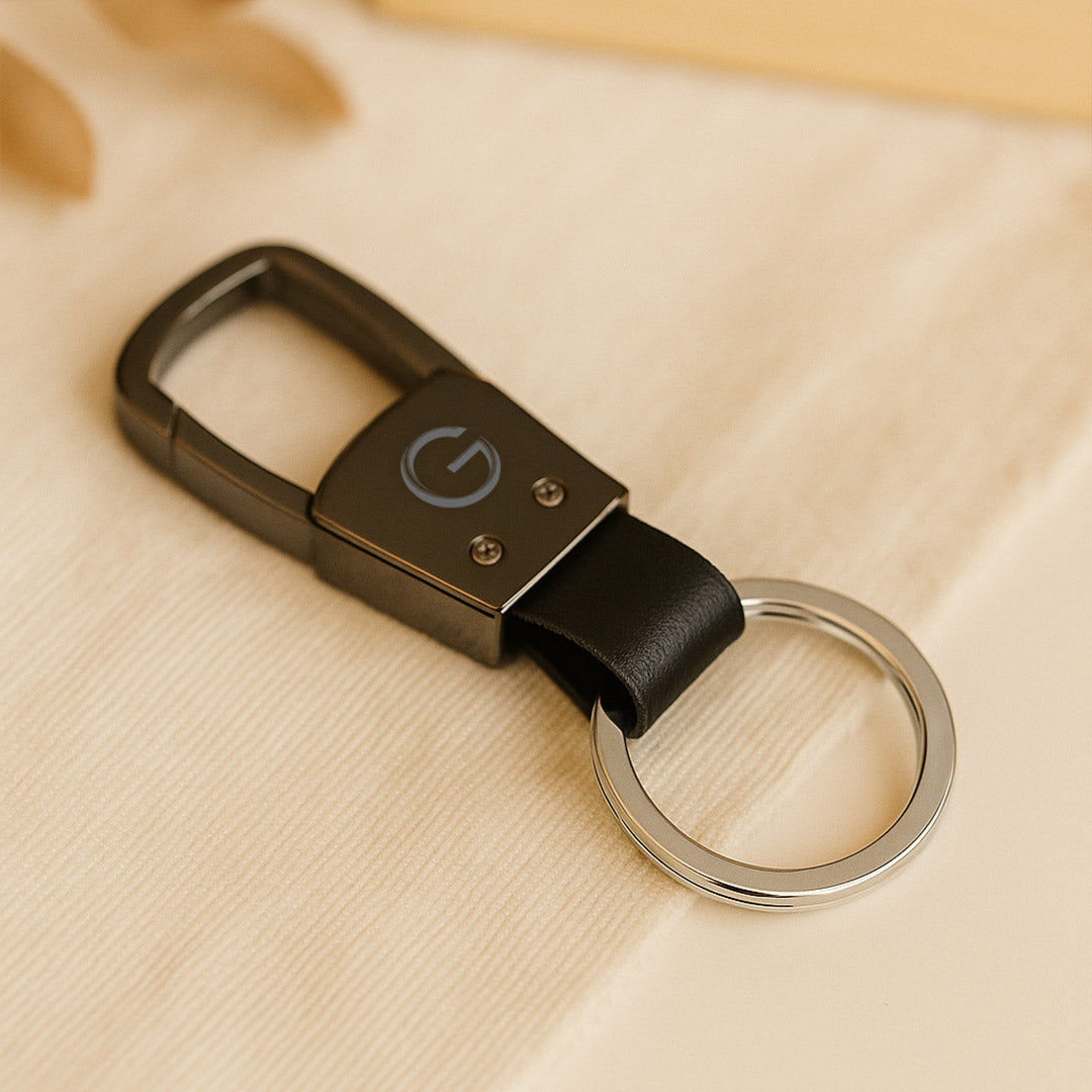 Premium Personalized Black Metal Keychain with Leather Loop | Love Craft Gifts