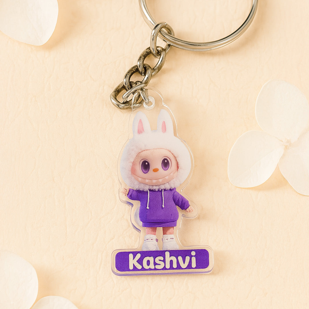 Personalized Bunny Hoodie Character Keychain – Custom Name Acrylic Charm | Love Craft Gifts