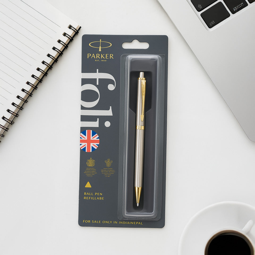 Parker Folio Stainless Steel Gold Trim Ball Pen - Personalized | Love Craft Gifts