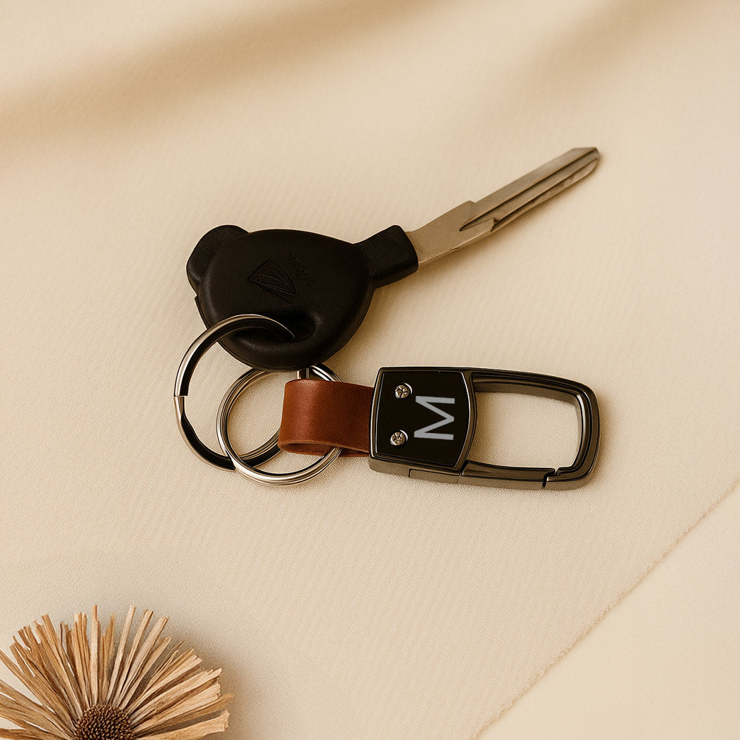 Premium Black Metal Personalized Keychain with Leather Loop – Initial or Logo Design | Love Craft Gifts