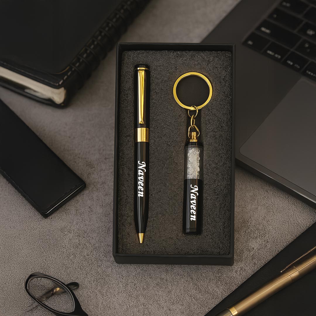 Personalized Pen & Keychain Set | Black & Gold Crystal Gift Combo | Love Craft Gifts