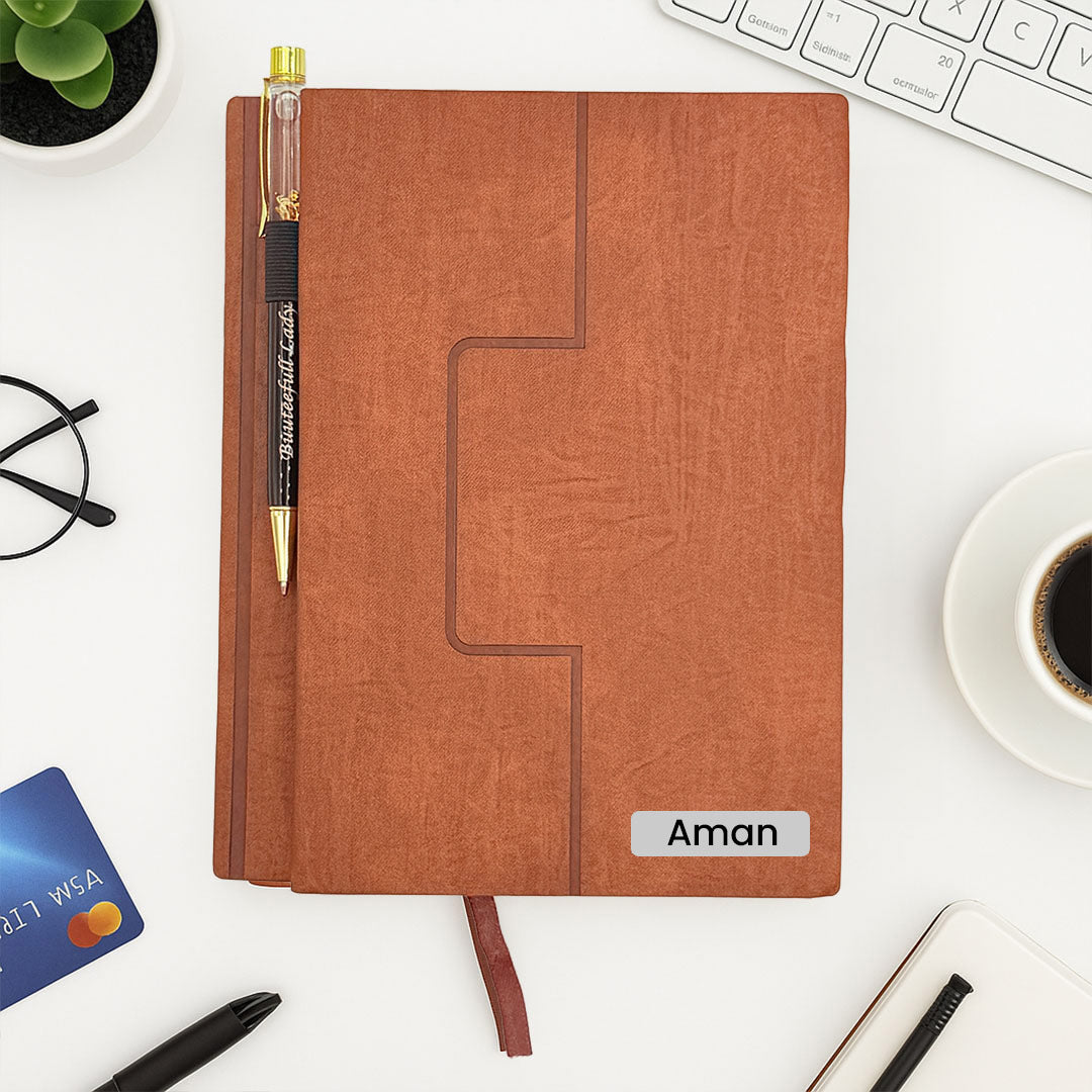 Personalized Brown Leather Notebook with Pen – Custom Name Diary Gift Set | Love Craft Gifts