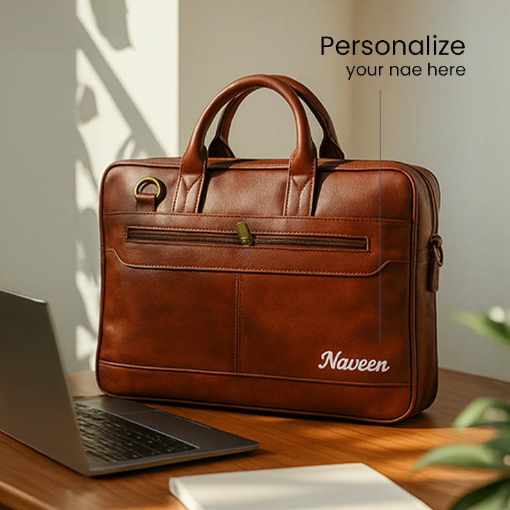 Personalized Brown Leather Office Laptop Bag – Custom Name Print | Love Craft Gifts