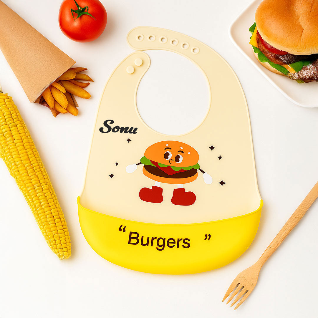 Personalized Burger Design Silicone Baby Bib | Love Craft Gifts