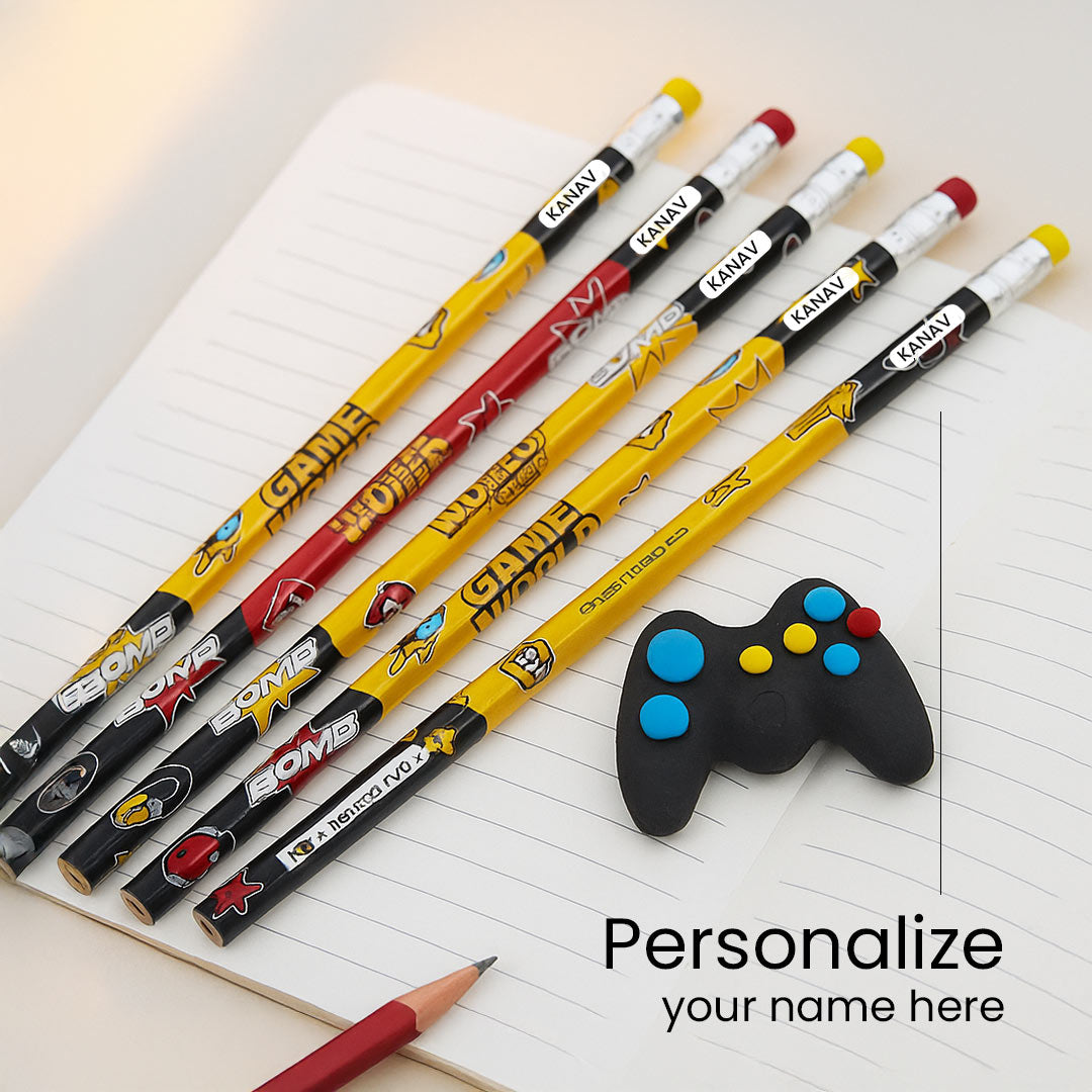 Personalized Game World Pencil Set with Cool Erasers | Custom Name | Love Craft Gifts