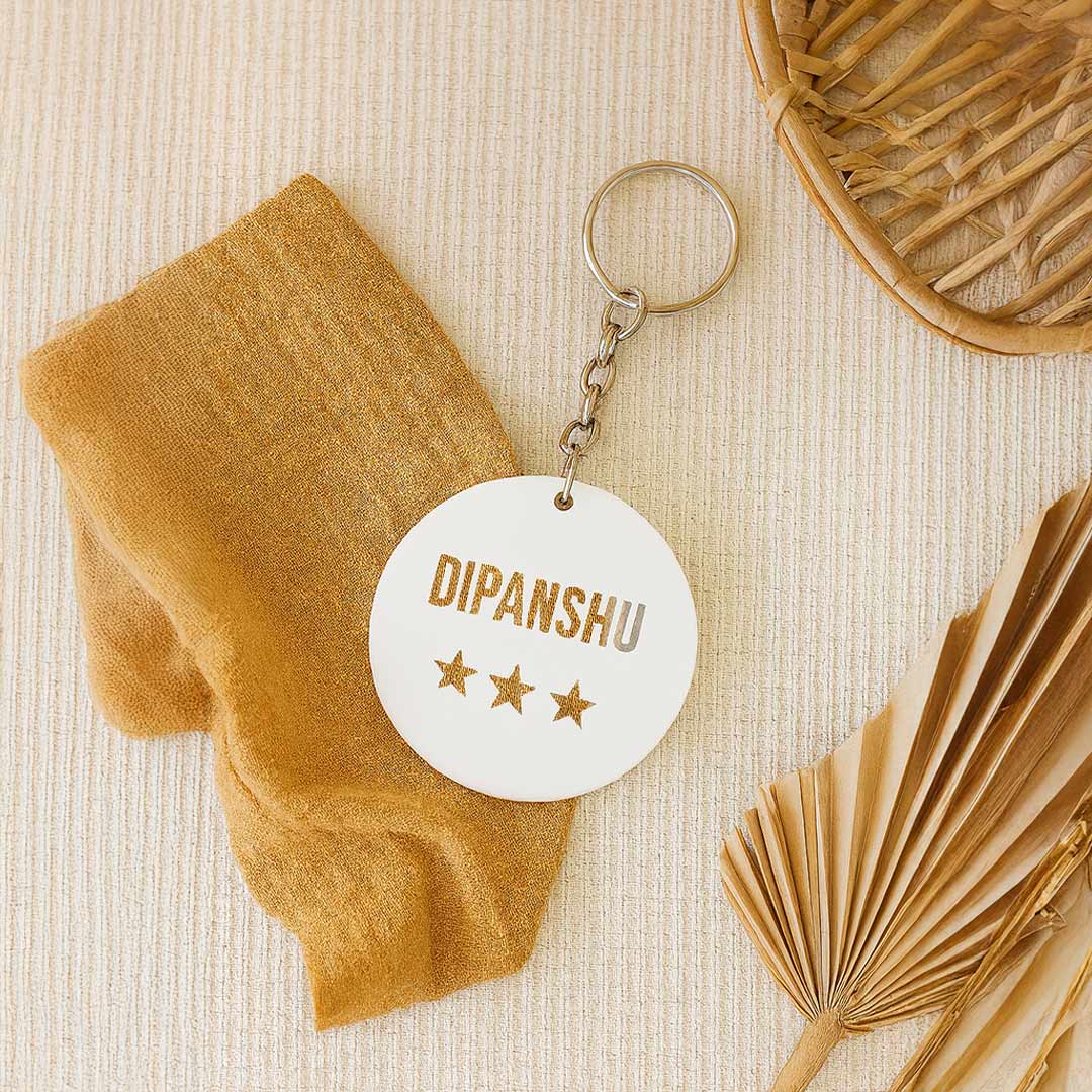 Personalized Round White Acrylic Keychain with Name & Star Engraving | Love Craft Gifts