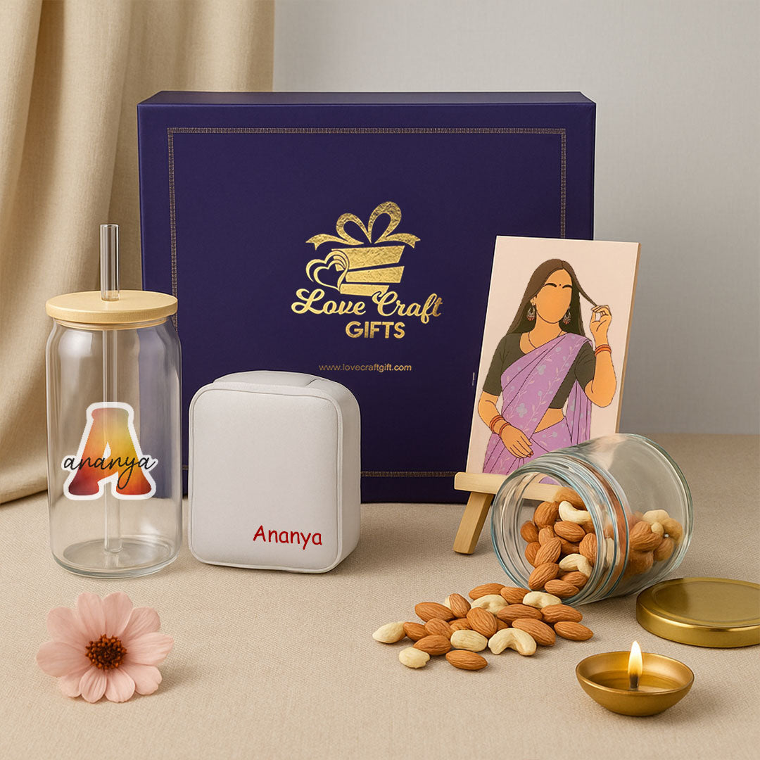 Personalized Dry Fruit Gift Box with Sipper, Jewelry Case & Flat Portrait Illustration | Love Craft Gifts