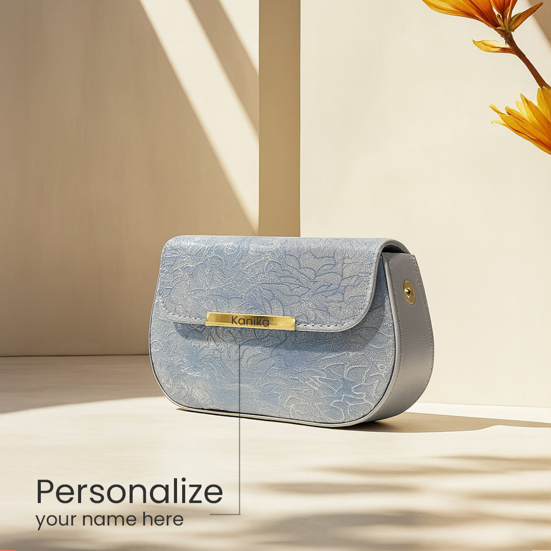 Blue Personalized Sling Bag with Golden Name Tag | Love Craft Gifts