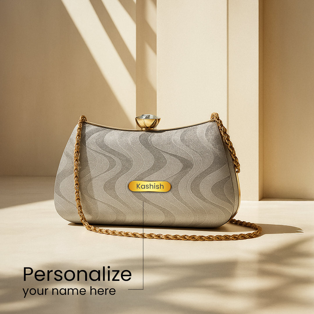 Elegant Personalized Silver Party Clutch with Golden Chain | Love Craft Gifts