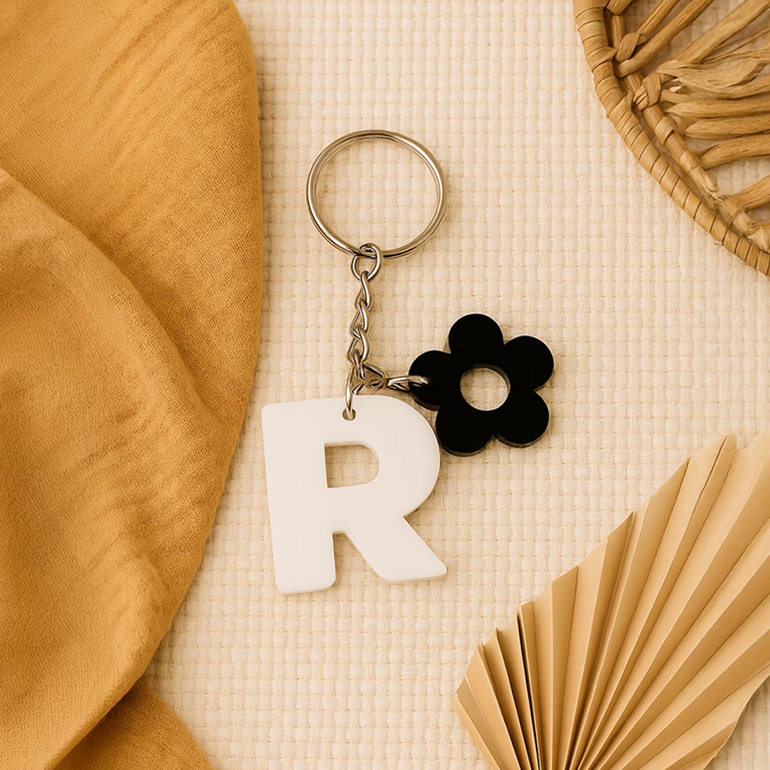 Personalized Flower Ring Acrylic Keychain – White Initial | Love Craft Gifts
