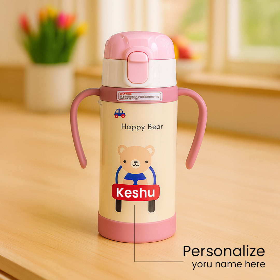 Personalized Happy Bear Water Bottle with Straw & Handles – Leakproof & Insulated for Kids | Love Craft Gifts