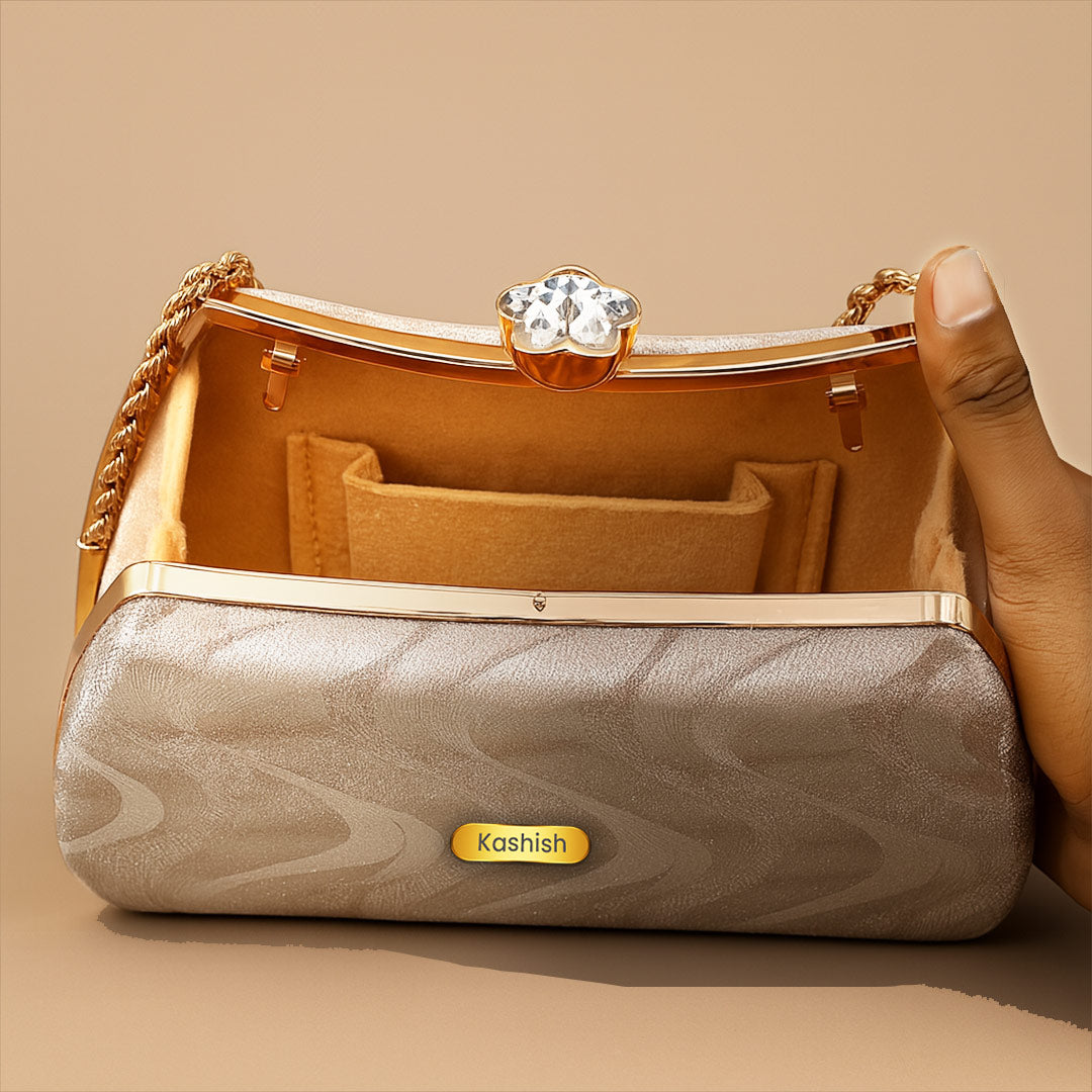 Elegant Personalized Silver Party Clutch with Golden Chain | Love Craft Gifts